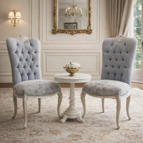 Chaise de Salle à Manger de Luxe Baroque à Dossier Couronné Capitonné avec Tissu Gris et Structure Métallique Argentée Vue lifestyle par Luxury Group International