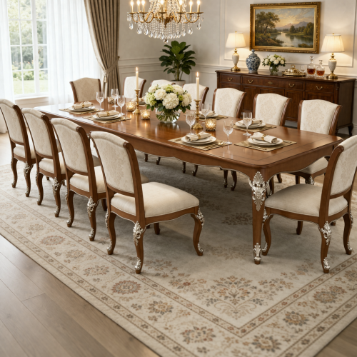 Baroque Carved Wooden Dining Table with Silver Leaf Leg Detailing - 201 CM - Luxury Dining Room Furniture Lifestyle View by Luxury Group International