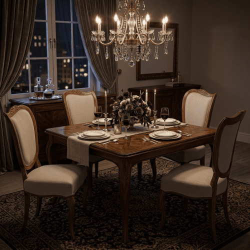Baroque Gold Finish Ivory Upholstered Luxury Dining chair with Floral Crest Curved Backrest - Dining Room Furniture Lifestyle View by Luxury Group International