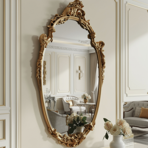 Baroque Gold Leaf Frame Luxury Mirror with Ornate Royal Crest Detailing - 132 CM Lifestyle View by Luxury Group International