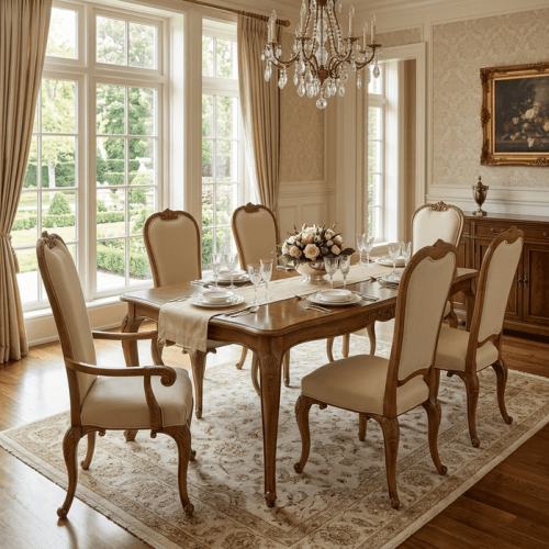 Baroque High-Back Luxury Wooden Dining Armchair with Cream Upholstery & Carved Frame Lifestyle View by Luxury Group International