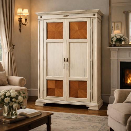 Baroque Ivory Luxury Double Door Shelve Cabinet with Oak Herringbone Inlay Panels - Baroque Furniture Lifestyle View by Luxury Group International
