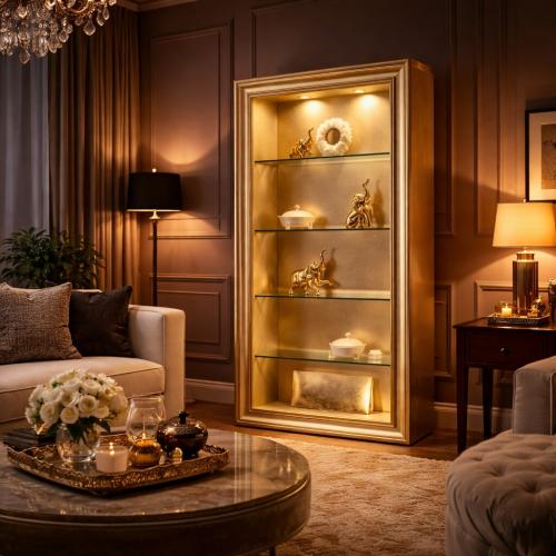 Baroque Ivory Luxury Glass Display Cabinet with Lights in Gold Finish - Baroque Furniture Lifestyle View by Luxury Group International