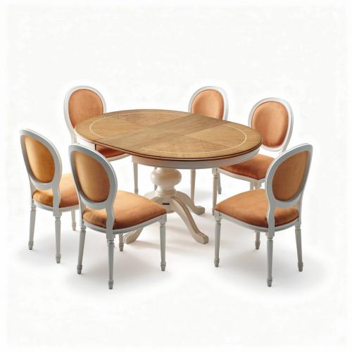 Baroque Luxury Dining Room Set - 1 Extendable Round Table & 6 Chairs in Ivory/Oak/Orange Finish Front View by Luxury Group International