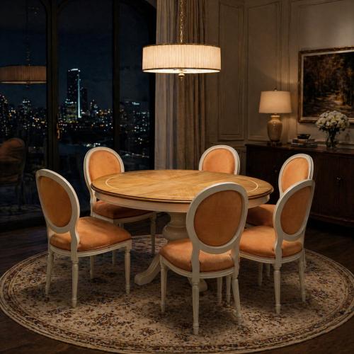 Baroque Luxury Dining Room Set - 1 Extendable Round Table & 6 Chairs in Ivory/Oak/Orange Finish Lifestyle View by Luxury Group International