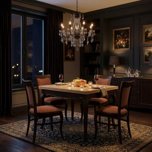 Baroque Luxury Dining Room Set in Dark Polished Wood - 1 Square Table & 4 Dining Chairs - Baroque Dining Room Set Lifestyle View by Luxury Group International
