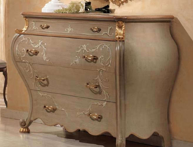 Baroque Luxury Dresser in Beige Finish with Decorative Floral Motifs & Curved Multi Drawers in Gold Accent Front View by Luxury Group International