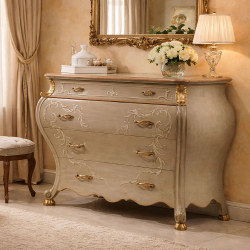 Barocke Luxuskommode in Beige mit dekorativen Blumenmotiven & geschwungenen Mehrfachschubladen in Goldakzent Lifestyle-Ansicht von Luxury Group International