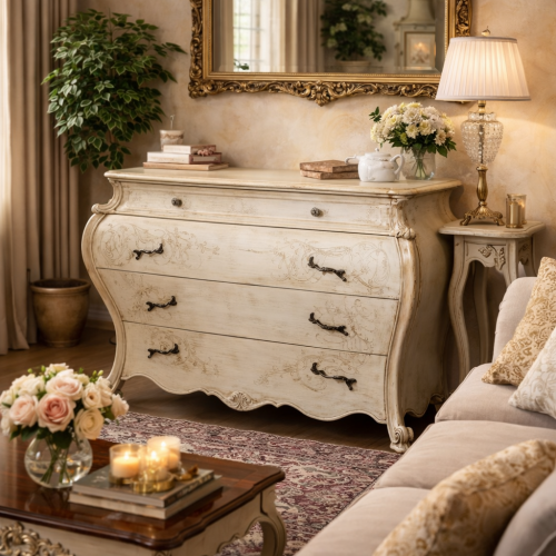 Baroque Luxury Dresser in Ivory Finish with Sculpted Floral Motifs & Curved Multi Storage Drawers Lifestyle View by Luxury Group International