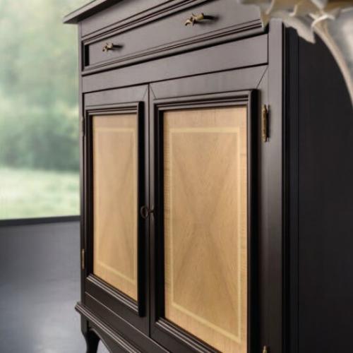 Baroque Luxury Sideboard in Dark Polished Wood with Oak Herringbone Inlay Doors - Baroque Furniture Detail View by Luxury Group International