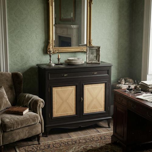 Baroque Luxury Sideboard in Dark Polished Wood with Oak Herringbone Inlay Doors - Baroque Furniture Lifestyle View by Luxury Group International