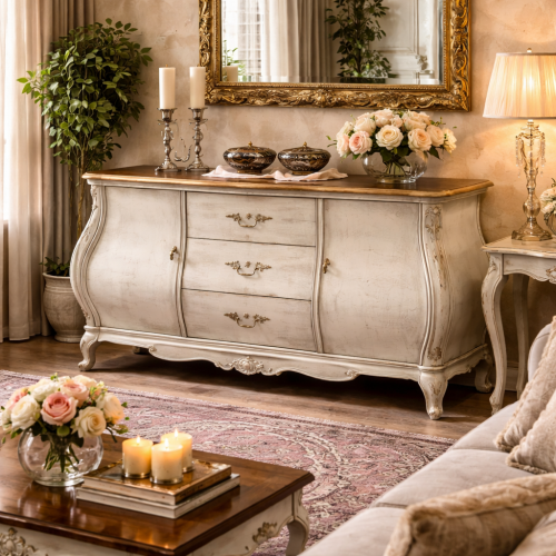 Baroque Luxury Sideboard in Ivory Finish with Curved Multi Cabinet Storage Panels & Drawers Lifestyle View by Luxury Group International