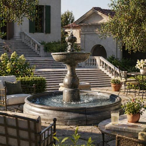 Baroque Luxury Slate Black Patina Two-Tier Garden Water Fountain with Sculpted Bowl - Baroque Fountain Lifestyle View by Luxury Group International