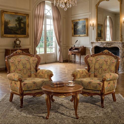 Baroque Luxury Wooden Armchair in Floral Fabric with Ornate Crown in Gold Accent - Baroque Furniture Lifestyle View by Luxury Group International