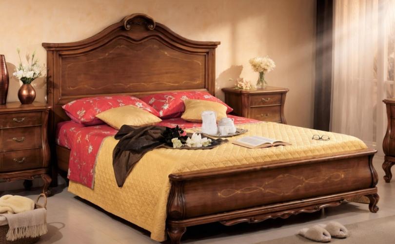 Baroque Luxury Wooden Double Bed with Gold Floral Inlay Panel & Sculpted Crown with Curved Legs Lifestyle View by Luxury Group International