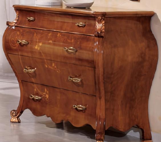 Baroque Luxury Wooden Dresser in Polished Walnut Finish with Floral Motif & Curved Multi Storage Drawers Front View by Luxury Group International
