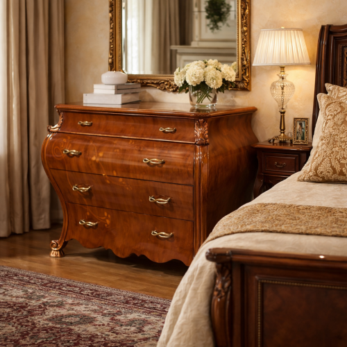 Baroque Luxury Wooden Dresser in Polished Walnut Finish with Floral Motif & Curved Multi Storage Drawers Lifestyle View by Luxury Group International