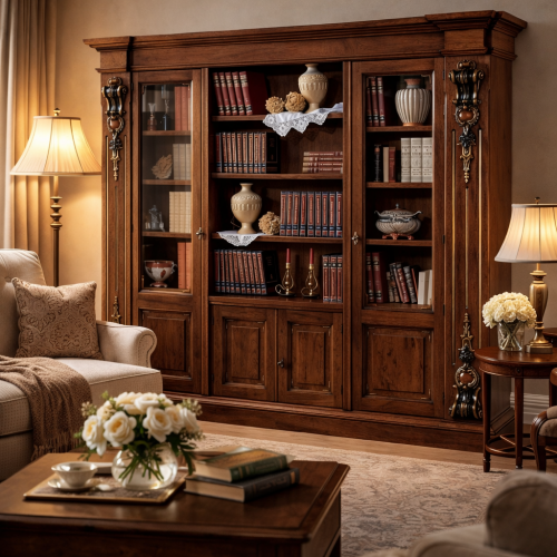 Barock Luxus Holz Regal-Schrank mit zentraler offener Nische & verglasten Seitentüren - Wohnzimmermöbel Lifestyle-Ansicht von Luxury Group International