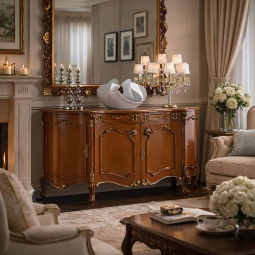 Barock Luxus Holz Sideboard mit Goldakzenten, Mehrtürigem Aufbewahrungsschrank & Schubladen – Barock Möbel Lifestyle-Ansicht von Luxury Group International