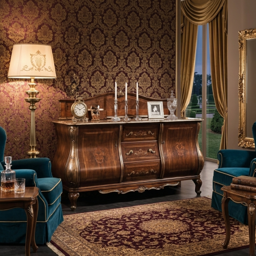 Baroque Luxury Wooden Sideboard with Ornate Carvings and Multi Cabinet Storage Panels & Drawers Lifestyle View by Luxury Group International