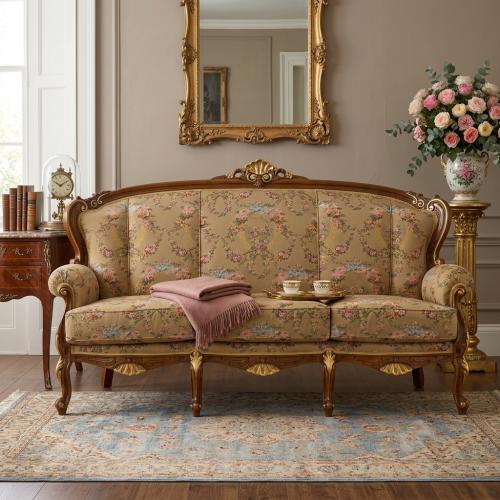 Divano di Lusso Barocco in Legno con Rivestimento Floreale e Corona Decorativa con Accenti Dorati - Mobili Barocchi Vista lifestyle di Luxury Group International