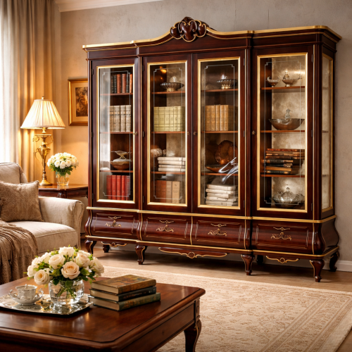 Vitrine de Luxe Baroque à Portes Multiples en Verre en Bois Poli Acajou Marron avec Base de Rangement Courbée Vue lifestyle par Luxury Group International