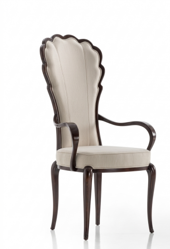 Baroque Scalloped Back Luxury Wooden Dining Armchair in Walnut Finish with Cream Upholstery Front View by Luxury Group International