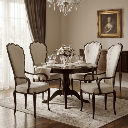 Baroque Scalloped Back Luxury Wooden Dining Armchair in Walnut Finish with Cream Upholstery Lifestyle View by Luxury Group International