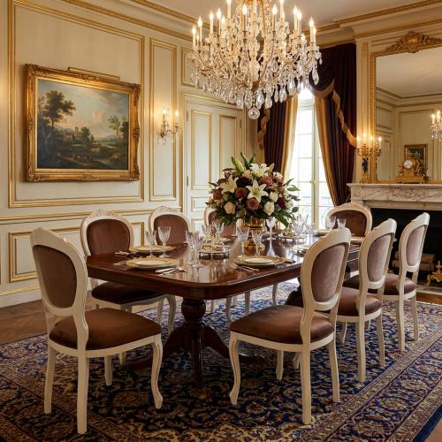 Chaise de Salle à Manger Baroque de Luxe Rembourrée Finition Ivoire avec Assise en Velours Bronze Vue lifestyle par Luxury Group International