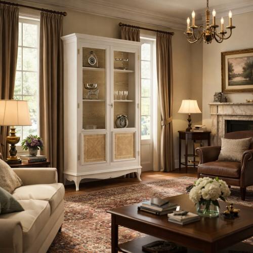 Baroque White Luxury Display Cabinet with Oak Herringbone Inlay Storage Base - Baroque Furniture Lifestyle View by Luxury Group International
