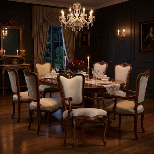 Baroque Wooden Luxury Dining Armchair with Ornate Crest & Patterned Cream Upholstery - Dining Room Furniture Lifestyle View by Luxury Group International