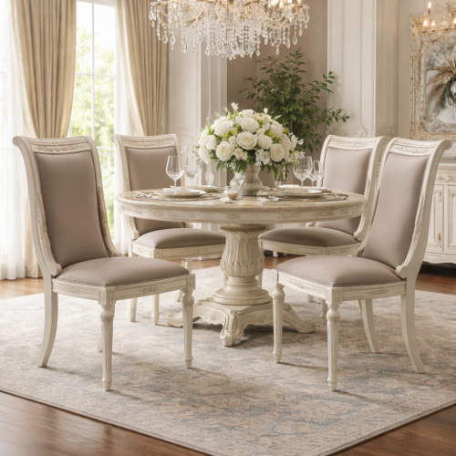 Baroque Wooden Luxury Dining Chair in Ivory Finish with Taupe Upholstery - Dining Room Furniture Lifestyle View by Luxury Group International