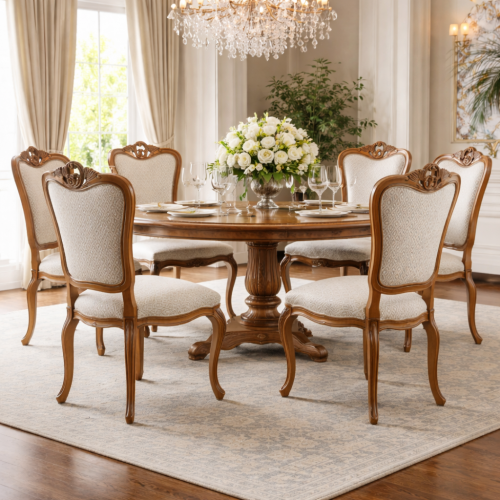 Baroque Wooden Luxury Dining chair with Ornate Crest & Patterned Cream Upholstery - Dining Room Furniture Lifestyle View by Luxury Group International