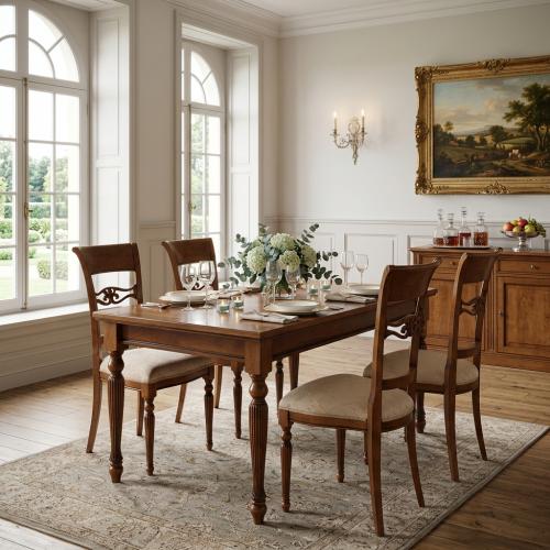 Baroque Wooden Luxury Dining Room Set — 1 Rectangular Table & 4 Dining Chairs - Baroque Dining Room Set Lifestyle View by Luxury Group International