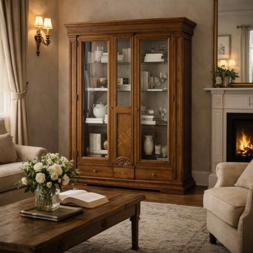 Vetrina di Lusso in Legno Barocco con Pannello Centrale Intarsiato Geometrico - Mobili Barocchi Vista lifestyle di Luxury Group International