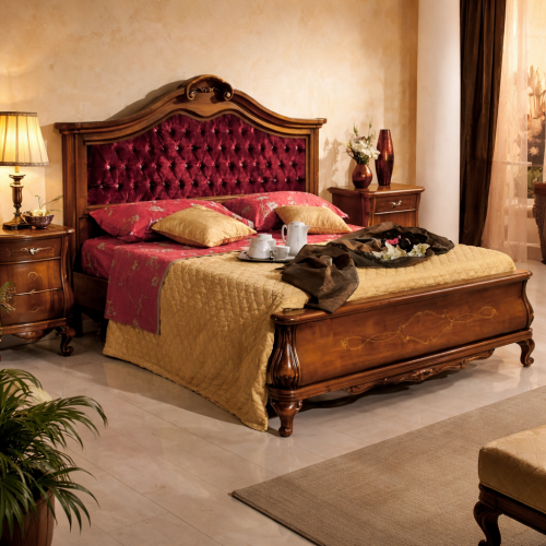 Baroque Wooden Luxury Double Bed with Crimson Red Velvet with Crystal-Tufted Headboard & Gold Inlay Footboard Lifestyle View by Luxury Group International