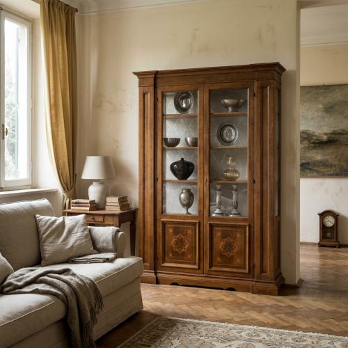 Baroque Wooden Luxury Double Door Glass Display Cabinet with Star Motif Inlay Panel Base - Baroque Furniture Lifestyle View by Luxury Group International