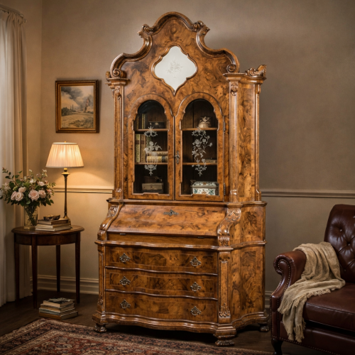 Barockes Luxus-Glasvitrinenschrank aus Holz mit Klapptisch und Mehrfach-Schubladenaufbewahrung Lifestyle-Ansicht von Luxury Group International