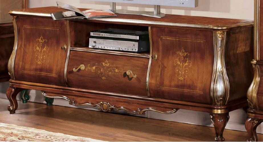 Barockes Holz-Luxus-Sideboard mit Goldakzenten und Blumenmotiv - Offenes Display-Regal & Multi-Storage-Schrank Vorderansicht von Luxury Group International