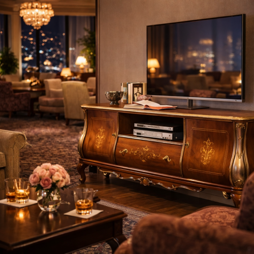 Baroque Wooden Luxury Sideboard in Gold Accent with Floral Motif - Open Display Shelve & Multi Storage Cabinet Lifestyle View by Luxury Group International