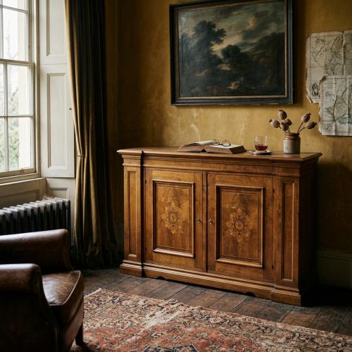 Baroque Wooden Luxury Sideboard with Decorative Medallion Inlay Door Panels - Baroque Furniture Lifestyle View by Luxury Group International