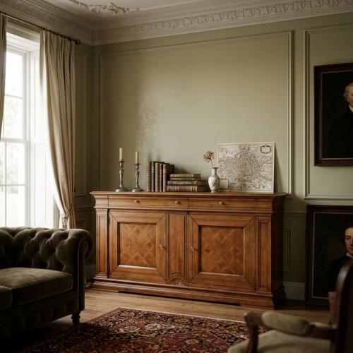 Baroque Wooden Luxury Sideboard with Geometric Inlay Door Panels & Multi Drawer Storage - Baroque Furniture Lifestyle View by Luxury Group International