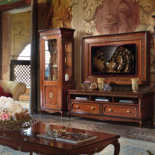 Baroque Wooden Luxury Television Furniture with Open Media Multi-Shelf & Drawers - Baroque Furniture Lifestyle View by Luxury Group International