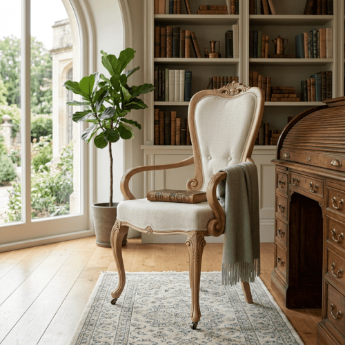 Baroque Wooden Luxury Upholstered Dining Armchair with Cream Fabric & Scroll Arms - Dining Room Furniture Lifestyle View by Luxury Group International