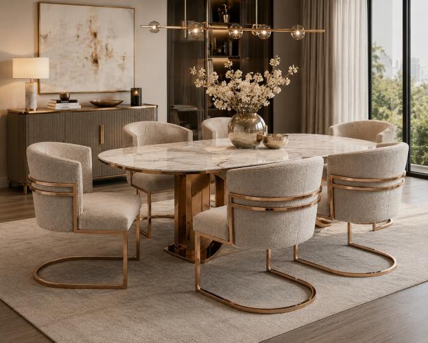 Beige Boucle Upholstered Luxury Modern Chair with Curved Backrest & Copper base by Luxury Group International