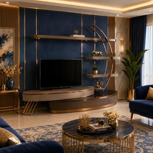 Mueble de TV Moderno de Lujo Beige y Marrón con Almacenamiento y Estantes por Luxury Group International