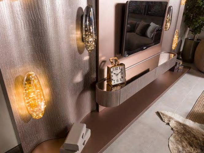 Beige Brown wavy panel Luxury TV unit with integrated amber lighting by Luxury Group International