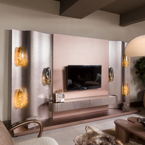 Beige Brown wavy panel Luxury TV unit with integrated amber lighting by Luxury Group International