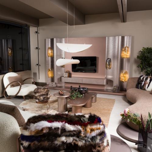 Beige Brown wavy panel Luxury TV unit with integrated amber lighting by Luxury Group International