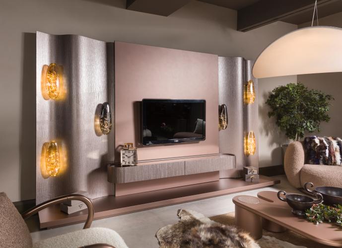 Beige Brown wavy panel Luxury TV unit with integrated amber lighting by Luxury Group International